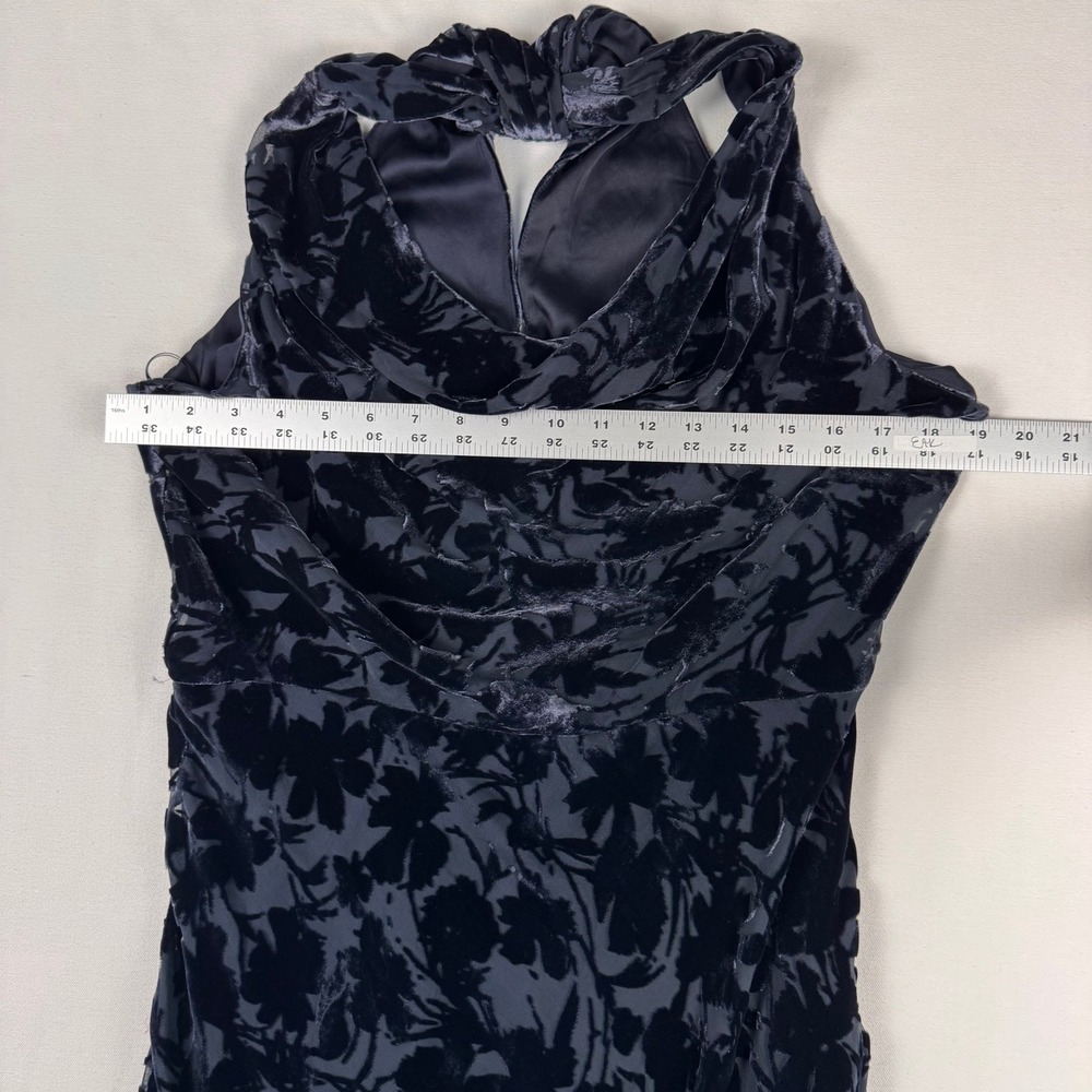 Elie Tahari Dress Women 14 Navy Blue Silk Blend Burnout Velvet Cowl Neck Midi - Picture 6 of 7